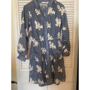 New York & Co Blue Floral Embroidered Chambray Shirt Dress Sz 6 under slip
